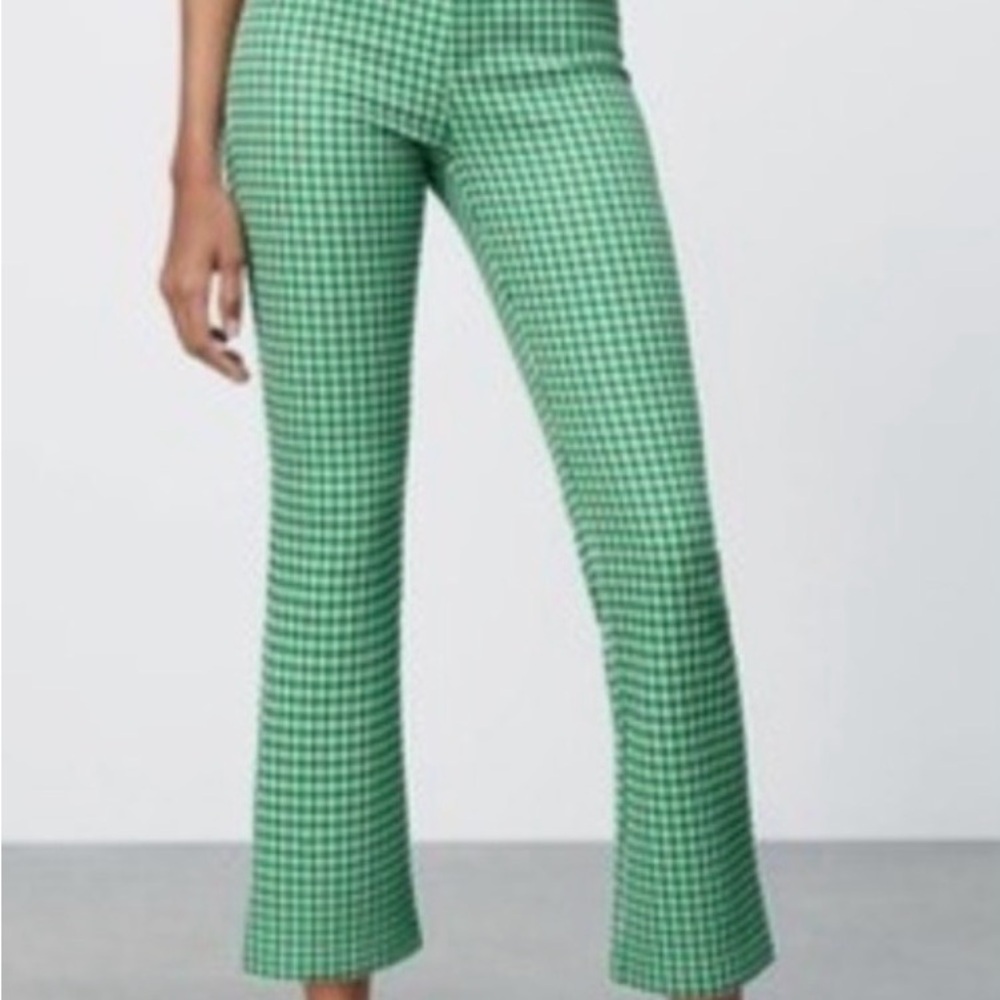 ZARA Gingham Trousers High-Rise Cropped Flare Green and White Spring Women's XS